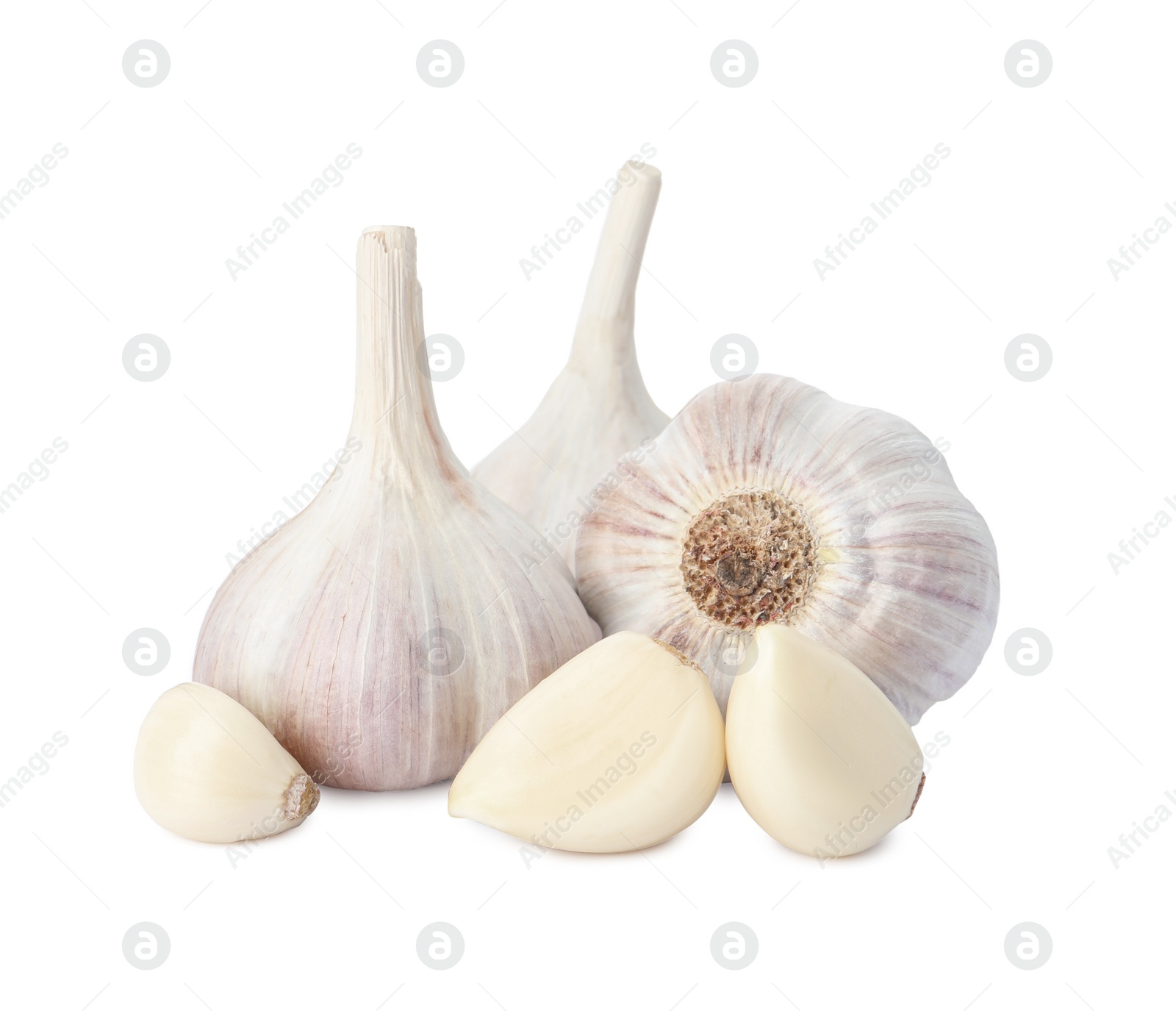 Photo of Fresh organic garlic bulbs and cloves on white background