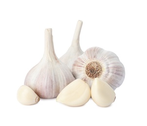 Photo of Fresh organic garlic bulbs and cloves on white background