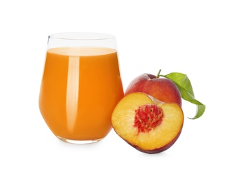 Photo of Freshly made tasty peach juice on white background