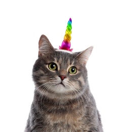 Image of Cute cat with rainbow unicorn horn and ears headband on white background