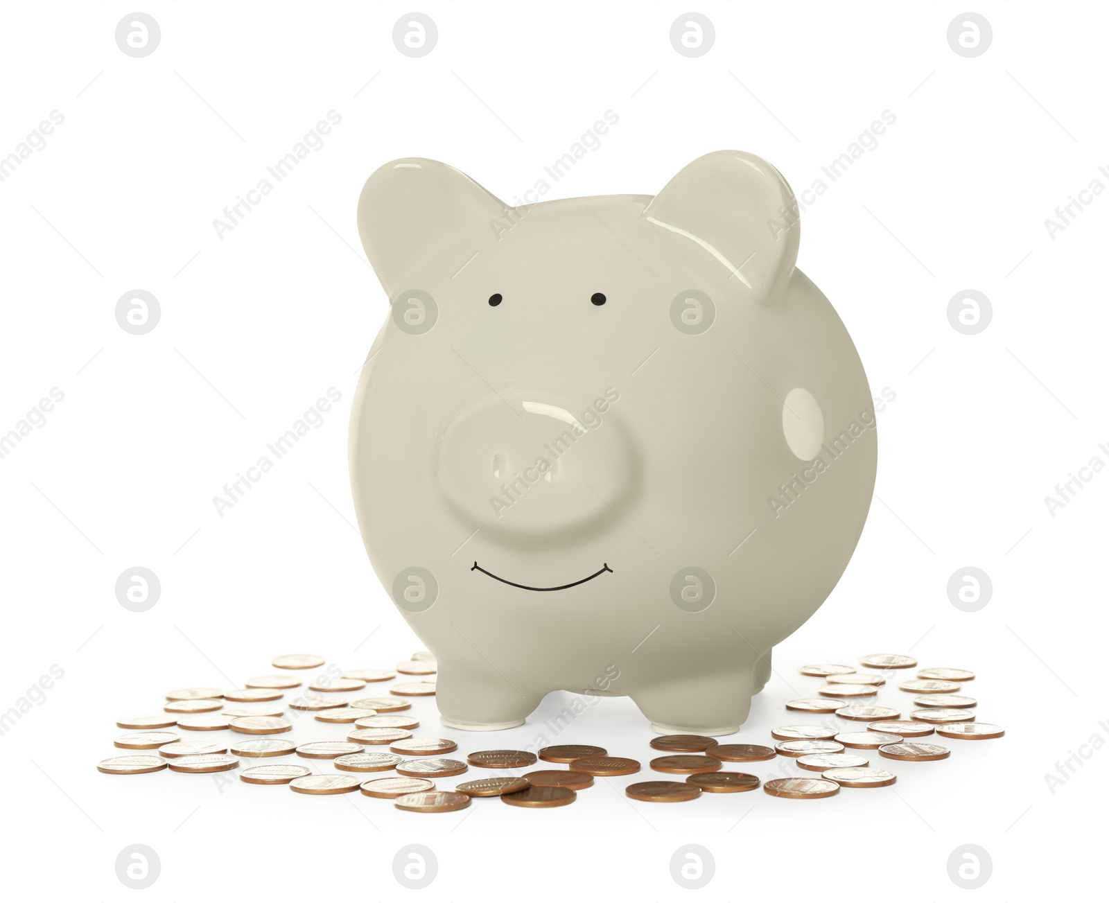 Photo of Piggy bank and coins on white background