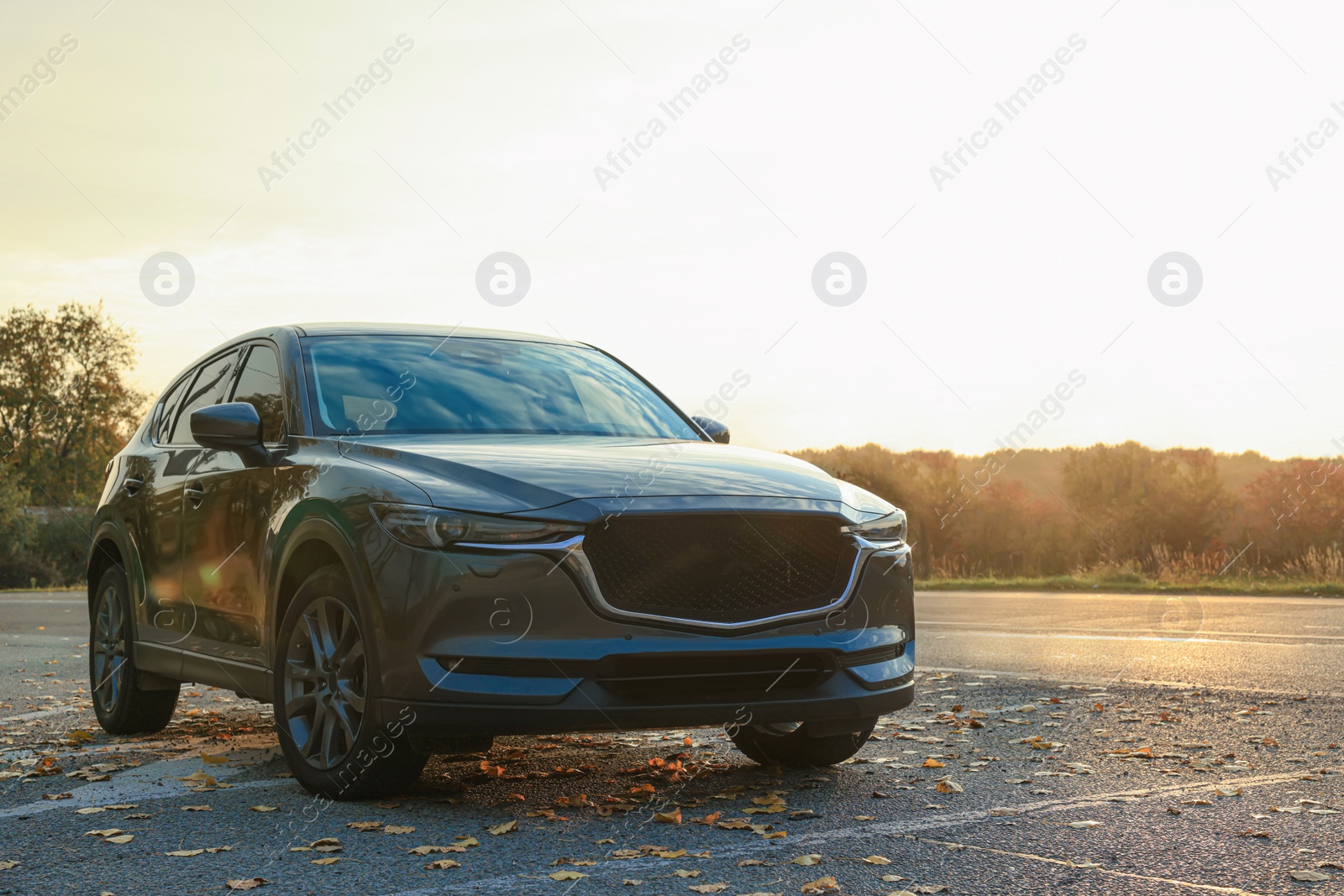 Photo of Black modern car parked on road at sunset