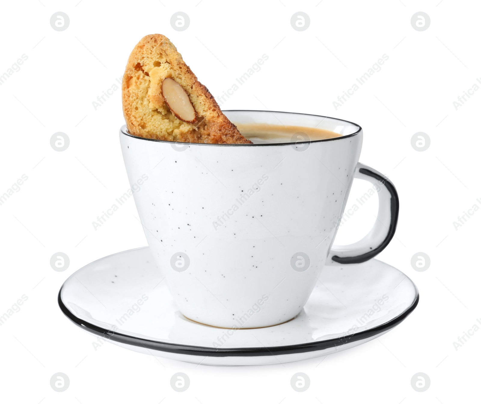 Photo of Tasty cantucci and cup of aromatic coffee on white background. Traditional Italian almond biscuits