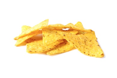 Pile of tasty Mexican nachos chips on white background