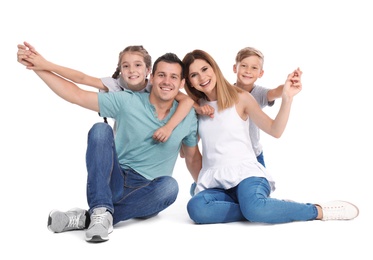 Happy family with children on white background