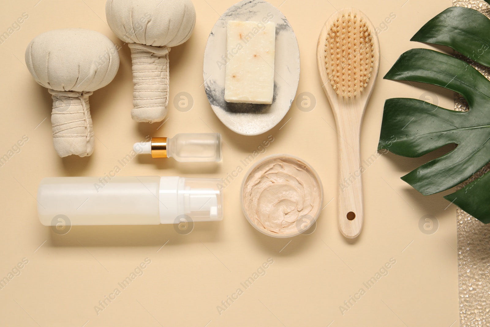 Photo of Bath accessories. Flat lay composition with personal care products on beige background