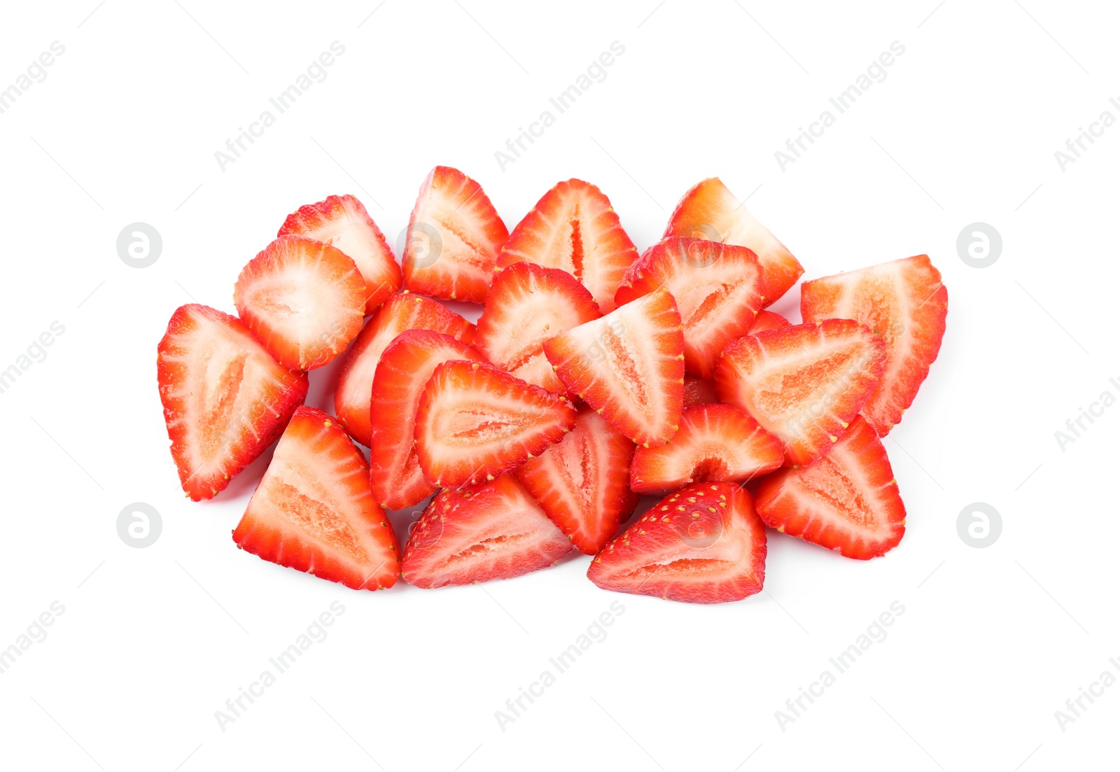 Photo of Halves of delicious fresh strawberries on white background, top view
