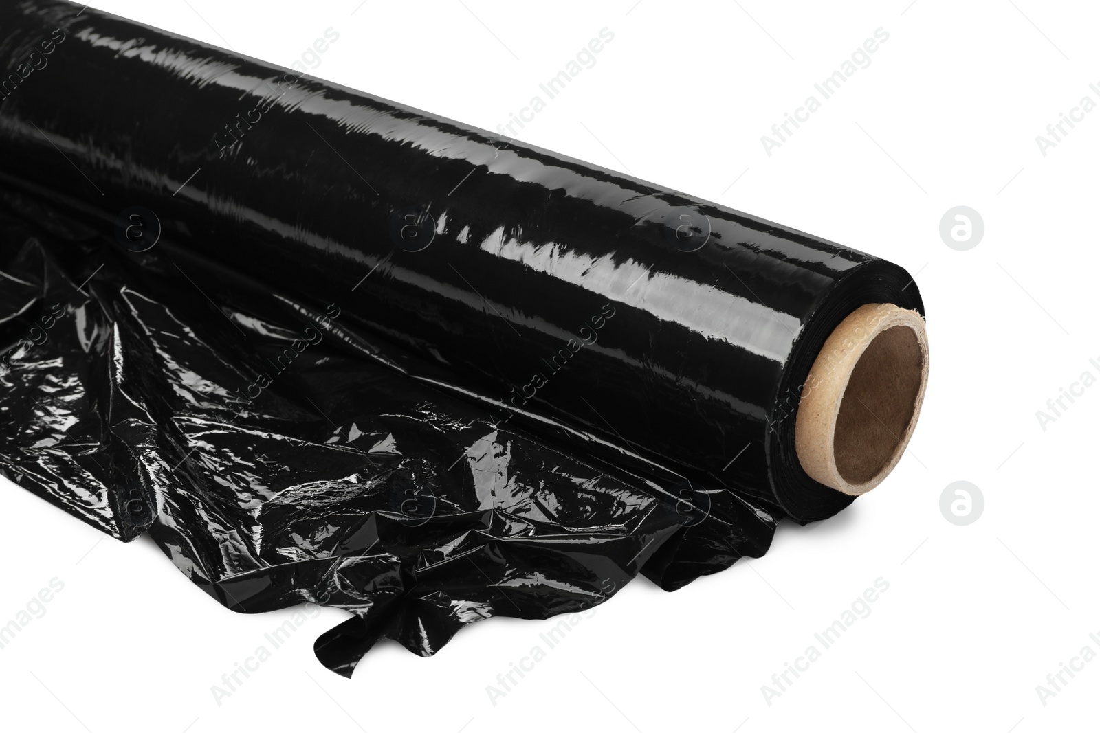 Photo of Roll of black plastic stretch wrap film isolated on white, closeup