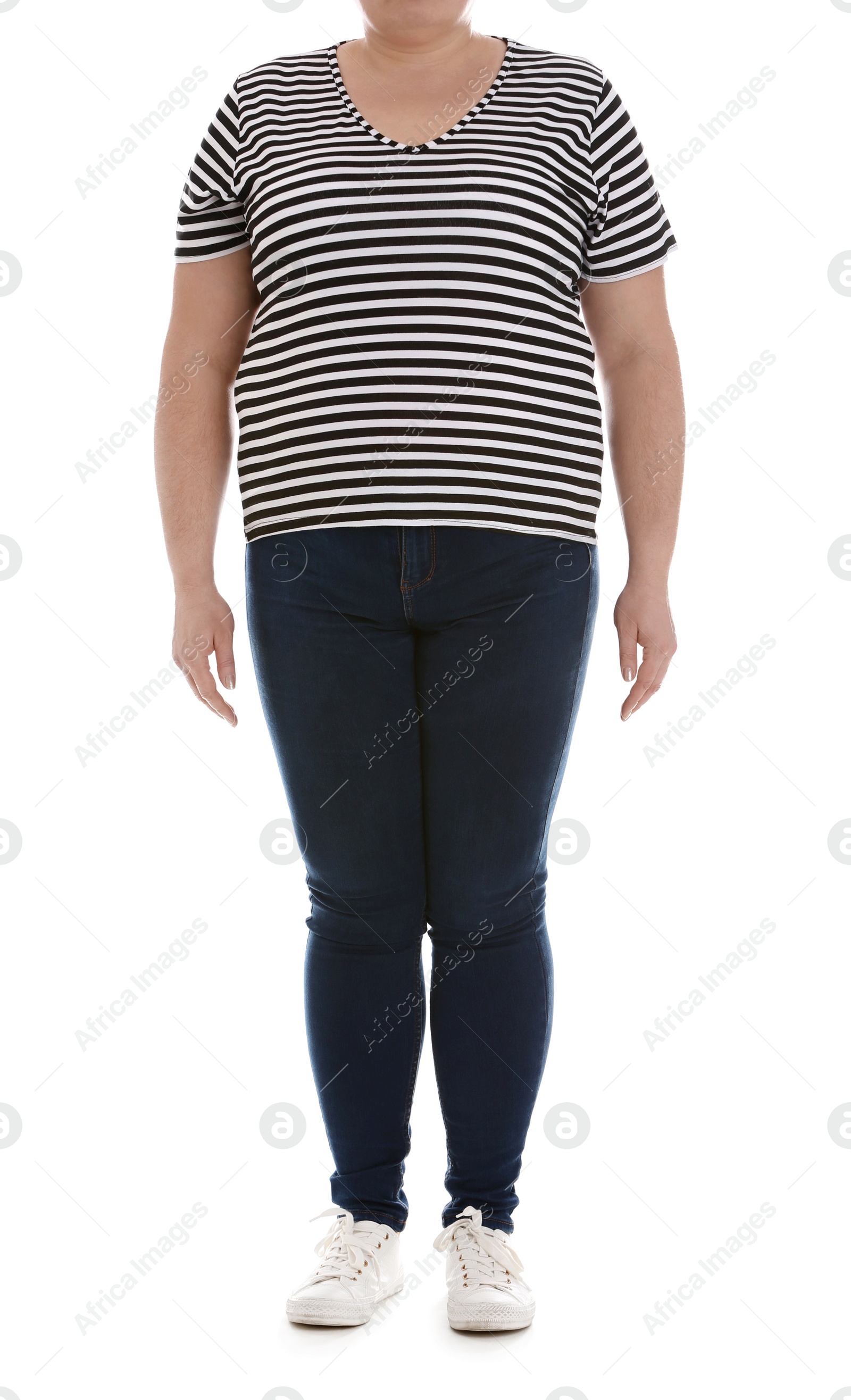 Photo of Overweight woman on white background, closeup. Weight loss