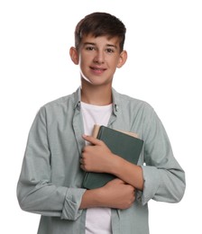 Teenage student holding books on white background