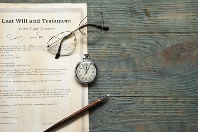 Photo of Last Will and Testament, pocket watch, glasses and pen on rustic wooden table, flat lay. Space for text