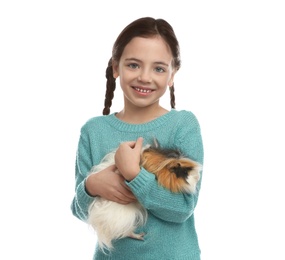 Photo of Happy little girl with guinea pig on white background. Childhood pet