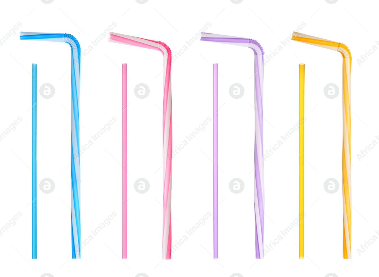 Image of Set with different straws for drinks on white background