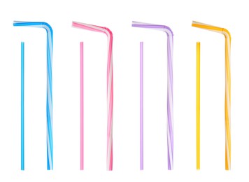 Image of Set with different straws for drinks on white background