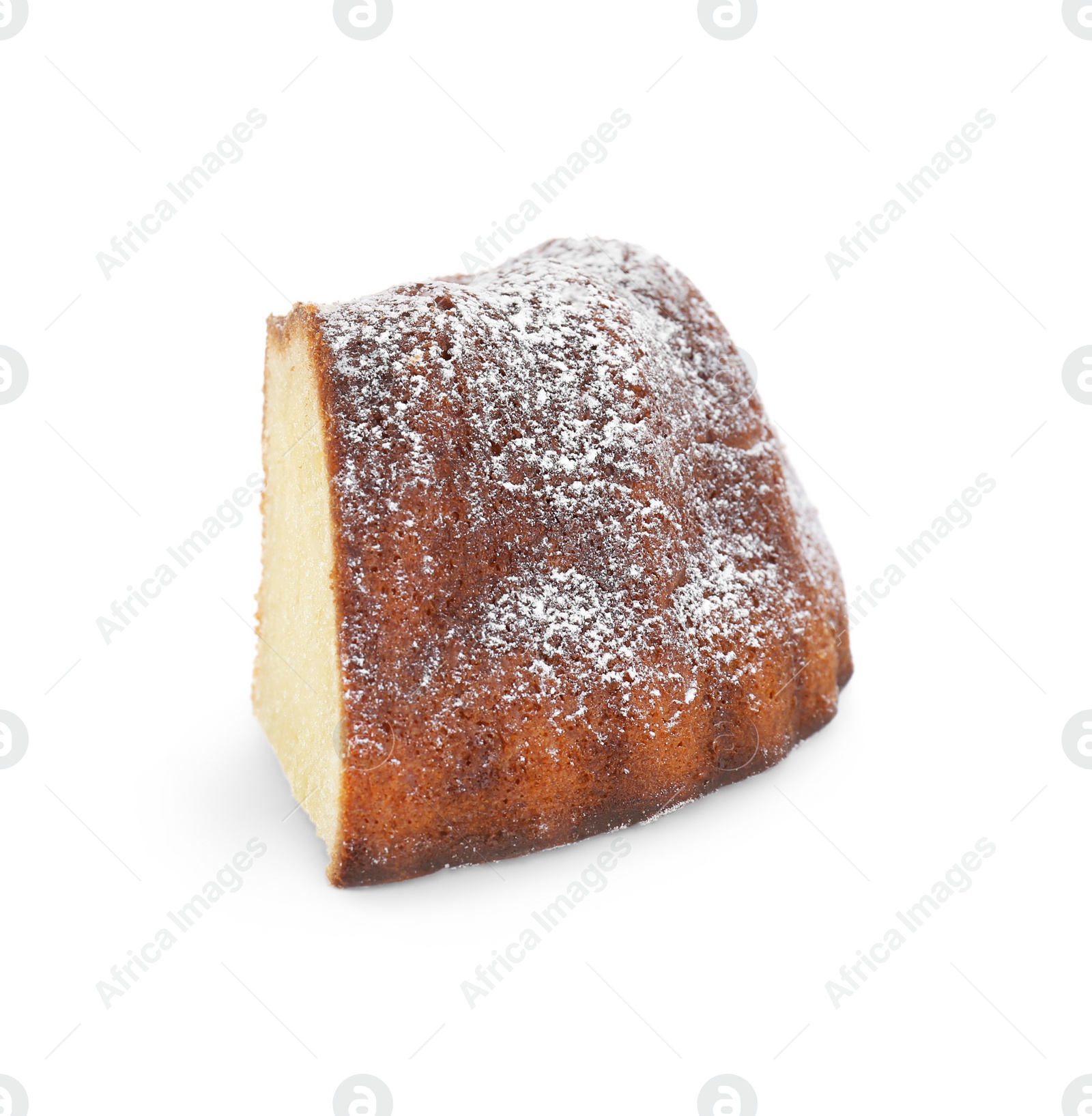 Photo of Piece of homemade yogurt cake with powdered sugar on white background