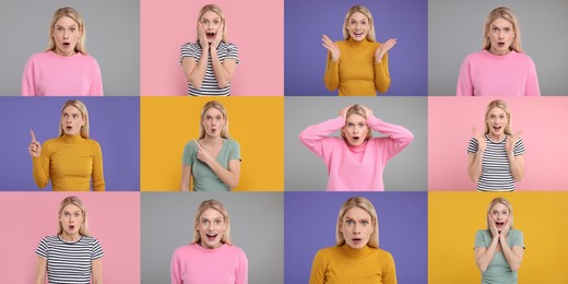 Collage with photos of surprised woman on different color backgrounds