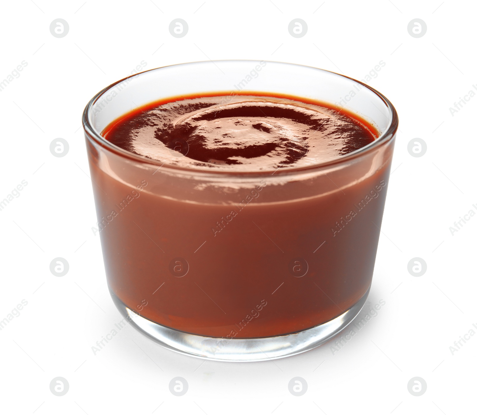 Photo of Glass dish of barbecue sauce on white background