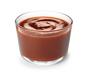 Photo of Glass dish of barbecue sauce on white background