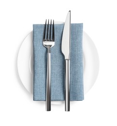 Photo of Clean plate and shiny cutlery on white background, top view