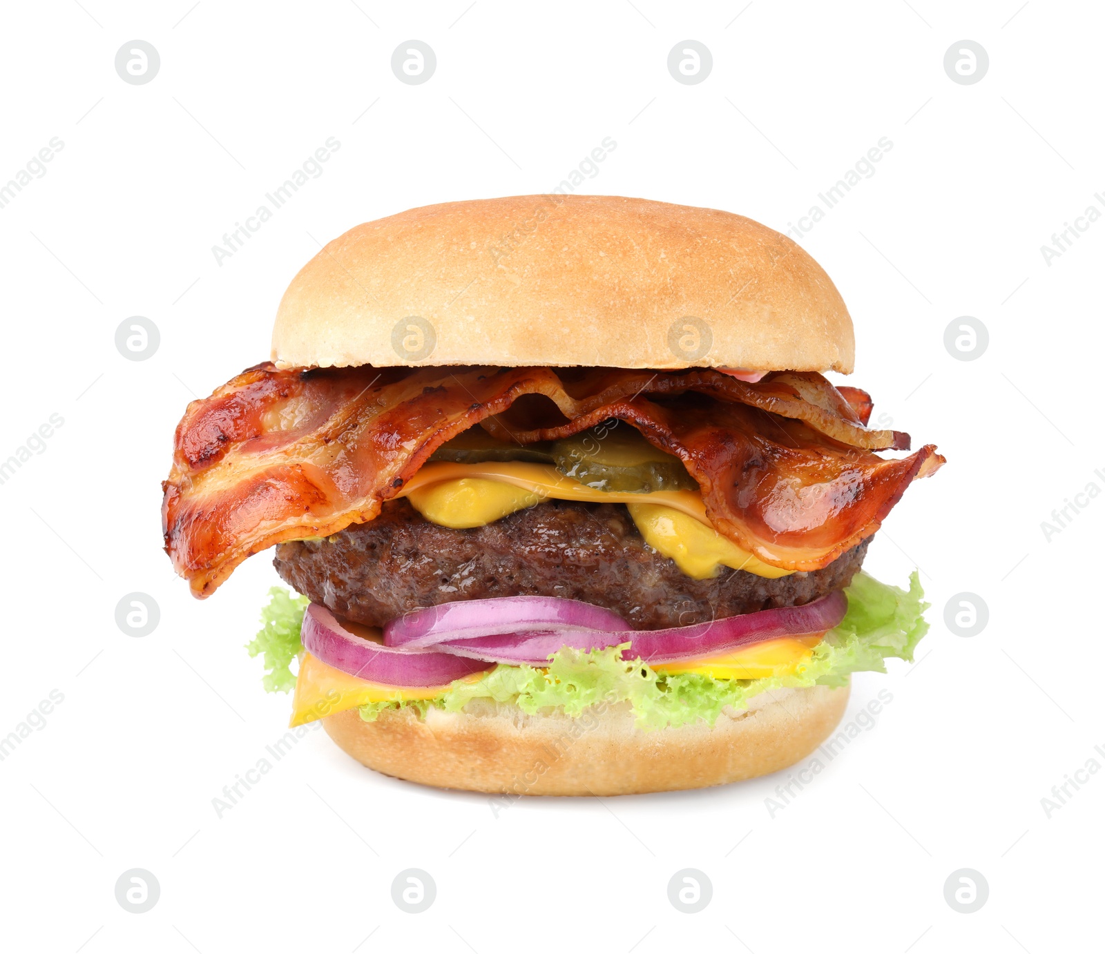 Photo of Tasty burger with bacon, vegetables and patty isolated on white