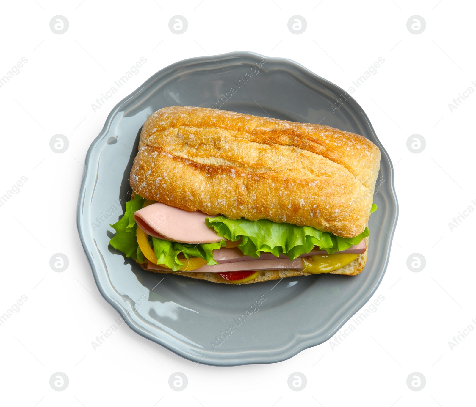 Photo of Tasty sandwich with boiled sausage, cheese and vegetables isolated on white, top view