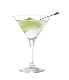 Photo of Glass of tasty martini with cucumber on white background