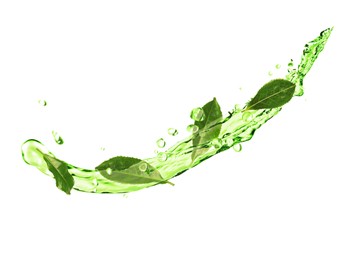 Image of Splashes of refreshing drink with leaves on white background. Green or matcha tea