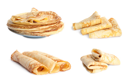 Image of Set of delicious thin pancakes on white background
