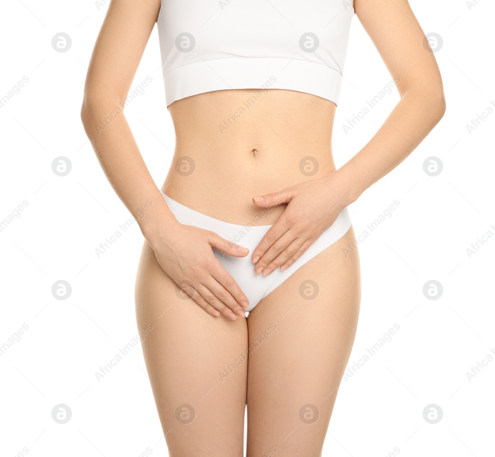 Photo of Gynecology. Woman in underwear on white background, closeup