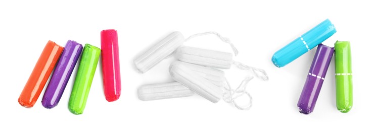Set with tampons on white background, top view. Banner design