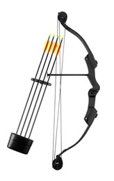 Black bow and plastic arrows on white background, top view. Archery sports equipment
