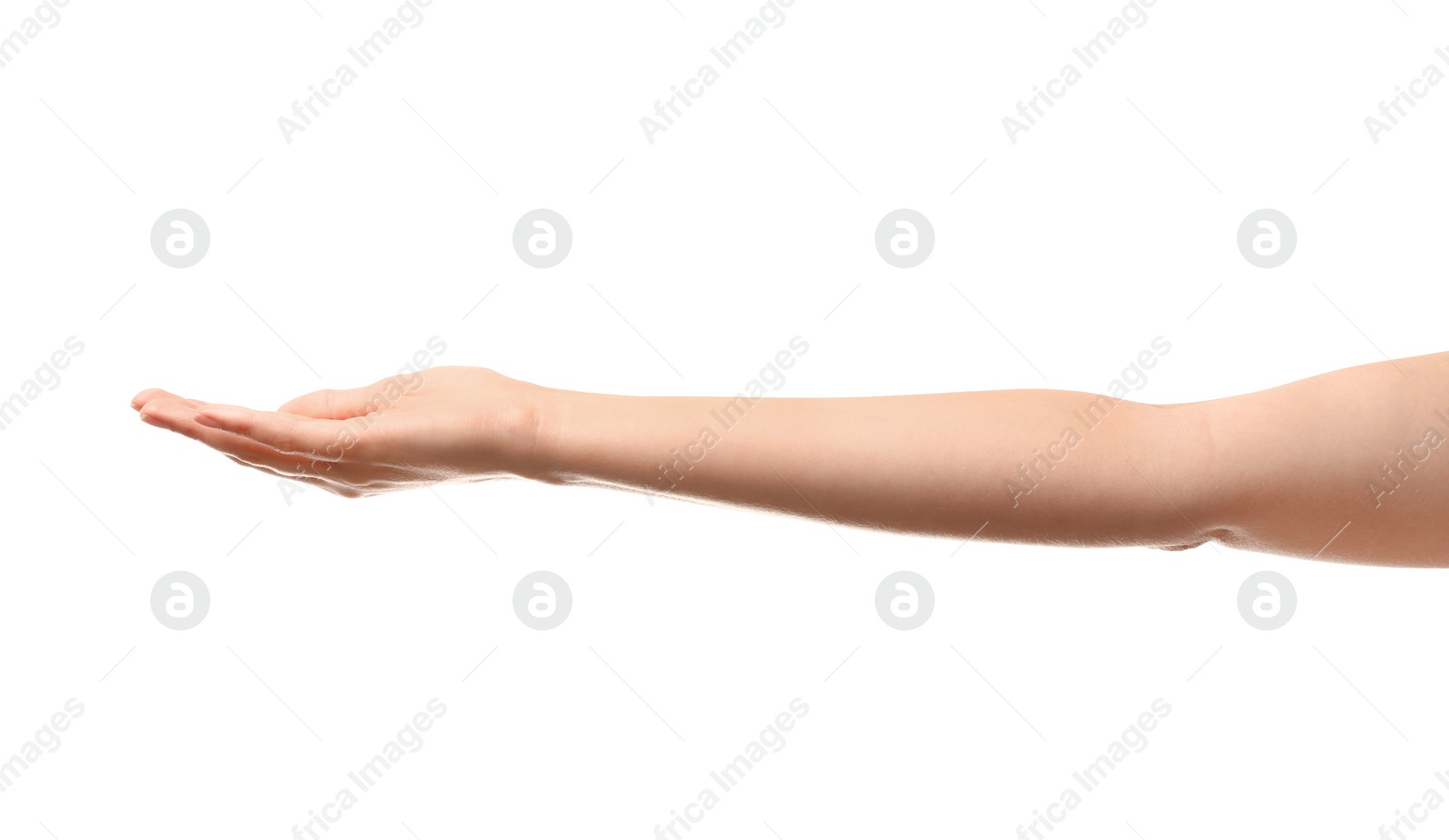 Photo of Young woman holding something on white background, closeup