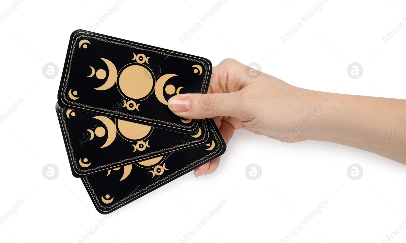 Photo of Woman holding tarot cards on white background, closeup. Reverse side