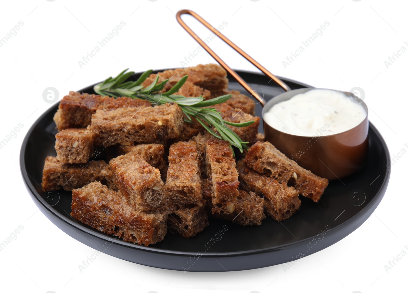 Photo of Crispy rusks with rosemary and sauce isolated on white