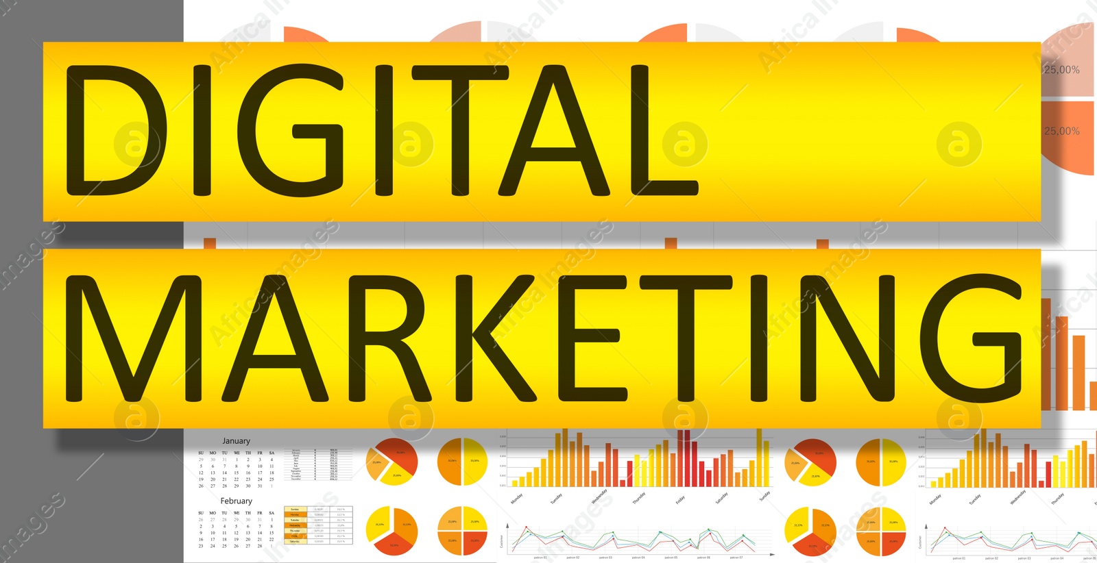 Illustration of Digital marketing strategy.  different graphics and calendar