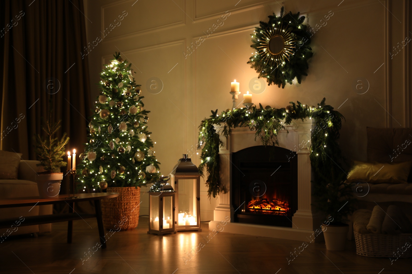 Photo of Beautiful room interior with fireplace and Christmas decor in evening