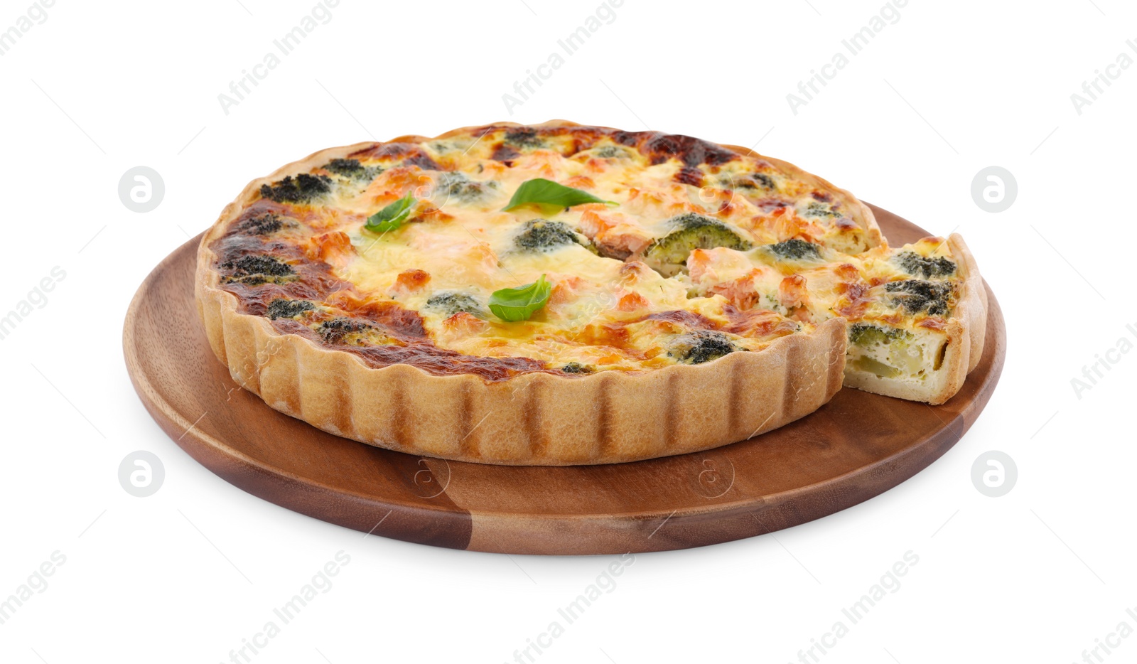 Photo of Delicious homemade quiche with salmon and broccoli isolated on white