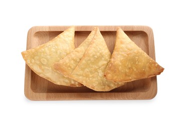 Photo of Fresh delicious crispy samosas on white background, top view