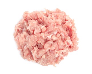 Photo of Pile of raw chicken minced meat on white background, top view