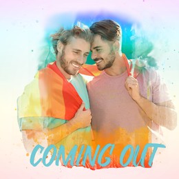 Image of Coming out. Happy gay couple with rainbow flag on white background