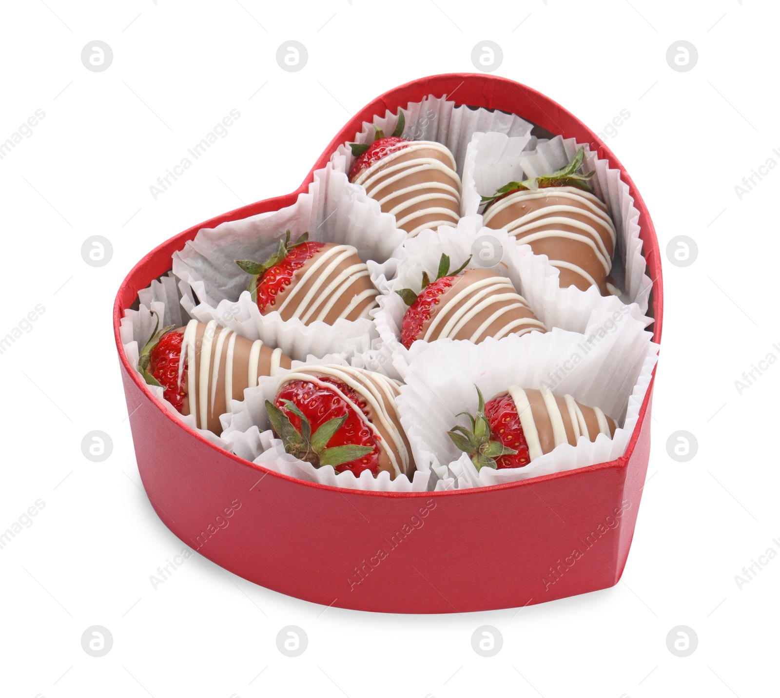 Photo of Heart shaped box with delicious chocolate covered strawberries isolated on white