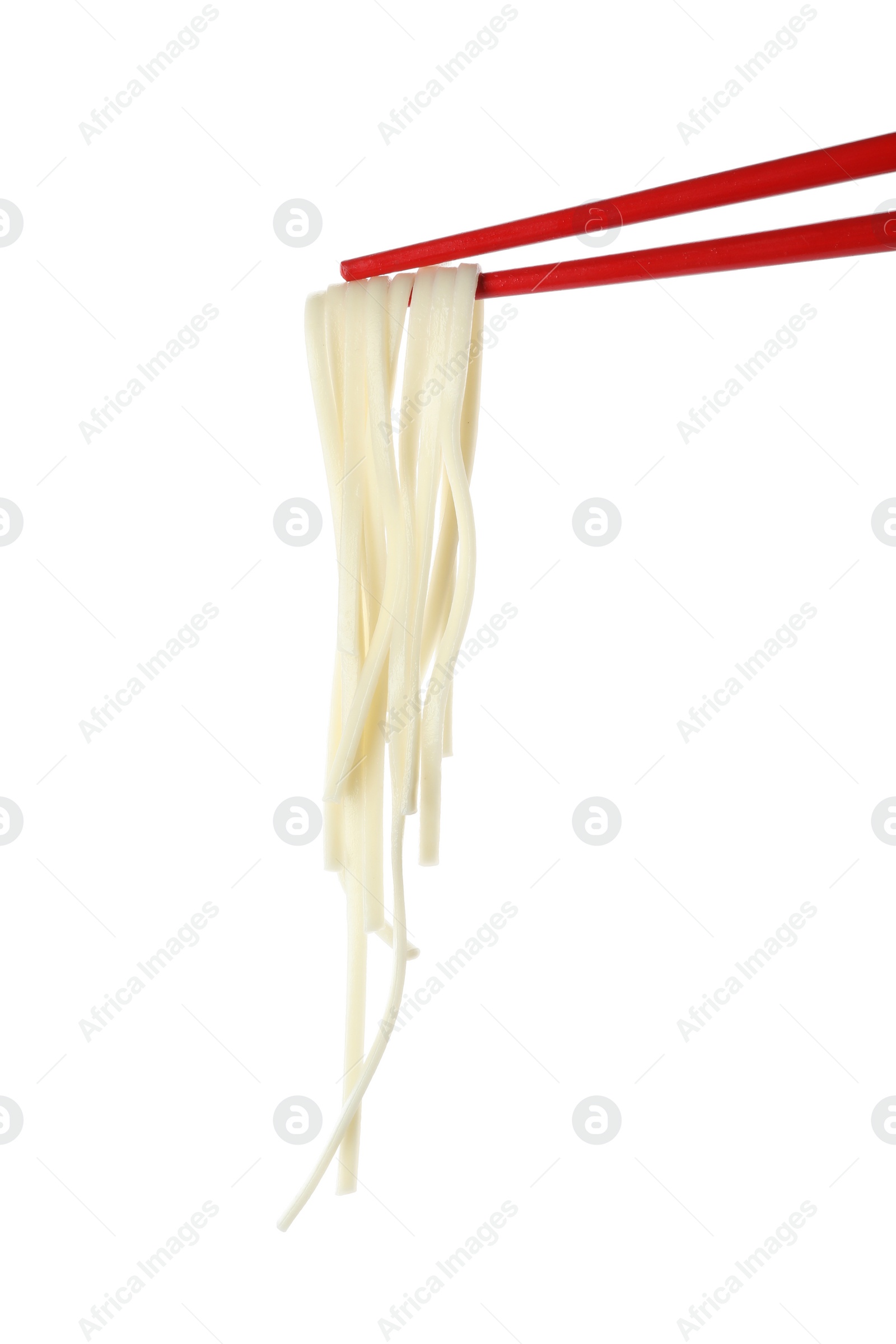 Photo of Chopsticks with tasty cooked rice noodles isolated on white