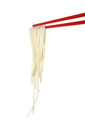 Chopsticks with tasty cooked rice noodles isolated on white