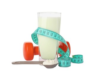 Photo of Tasty shake, measuring tape, dumbbell and powder isolated on white. Weight loss