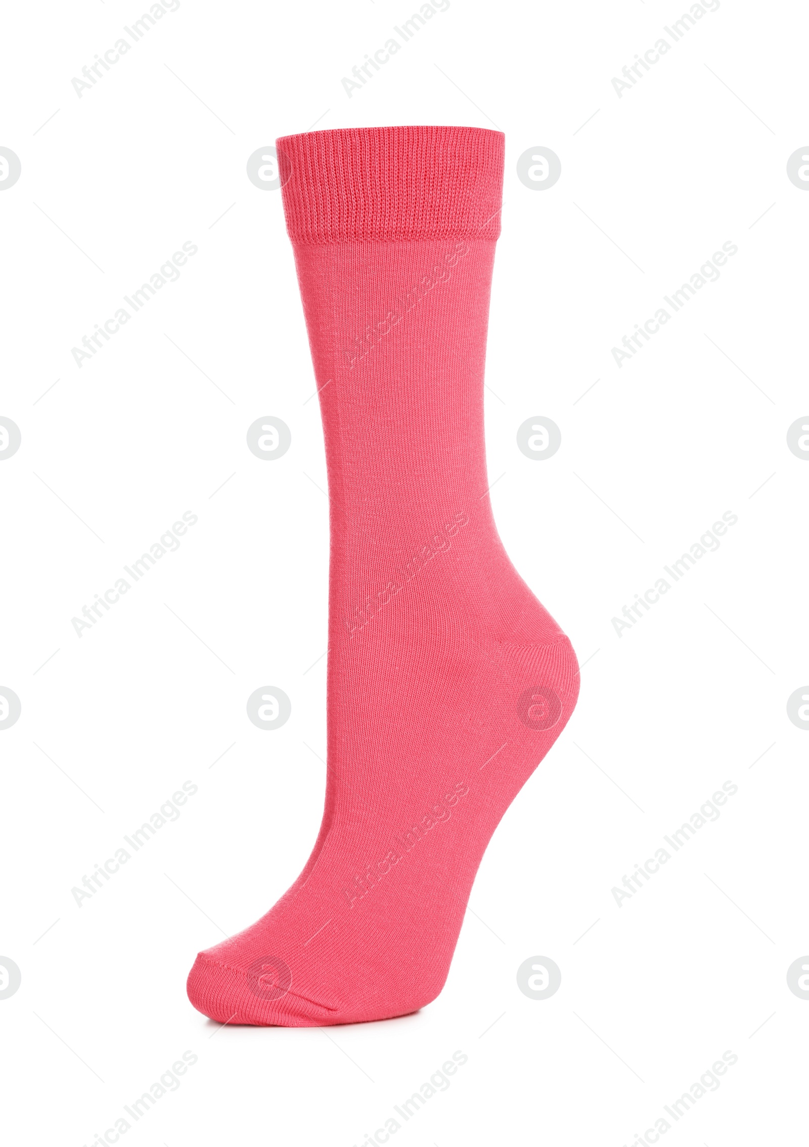 Photo of One bright pink sock on white background