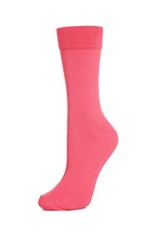 One bright pink sock on white background