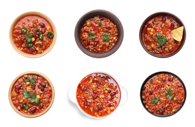 Image of Set with tasty chili con carne on white background, top view