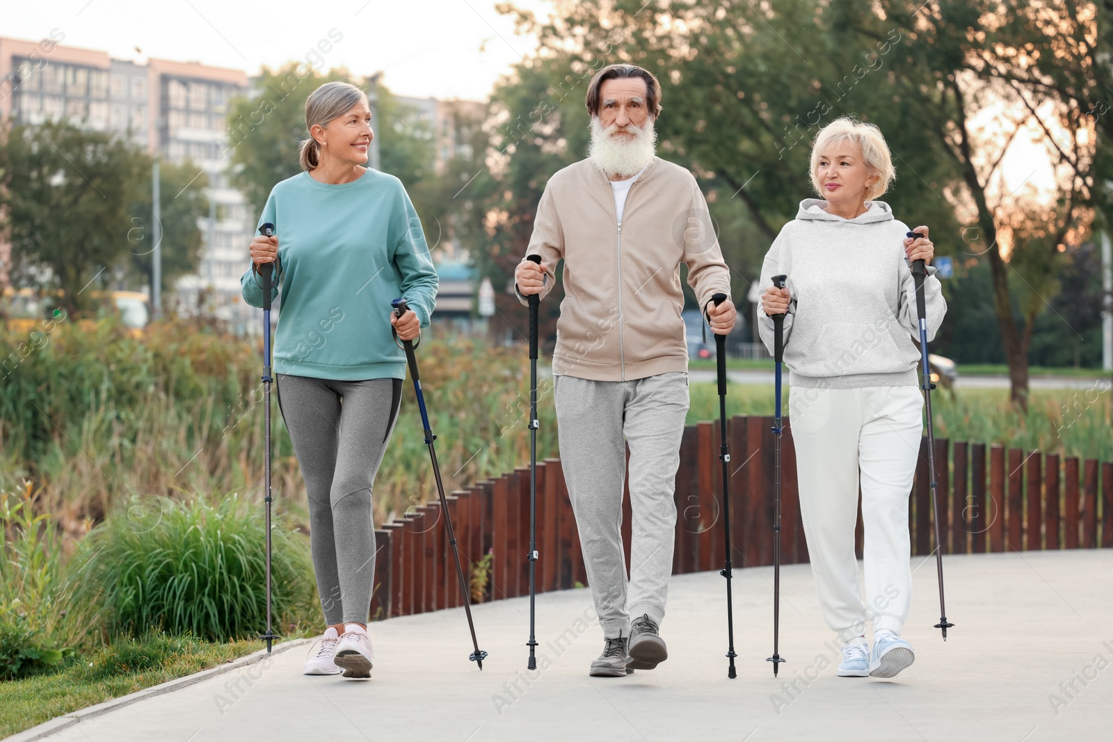 Photo of Group of senior people performing Nordic walking outdoors