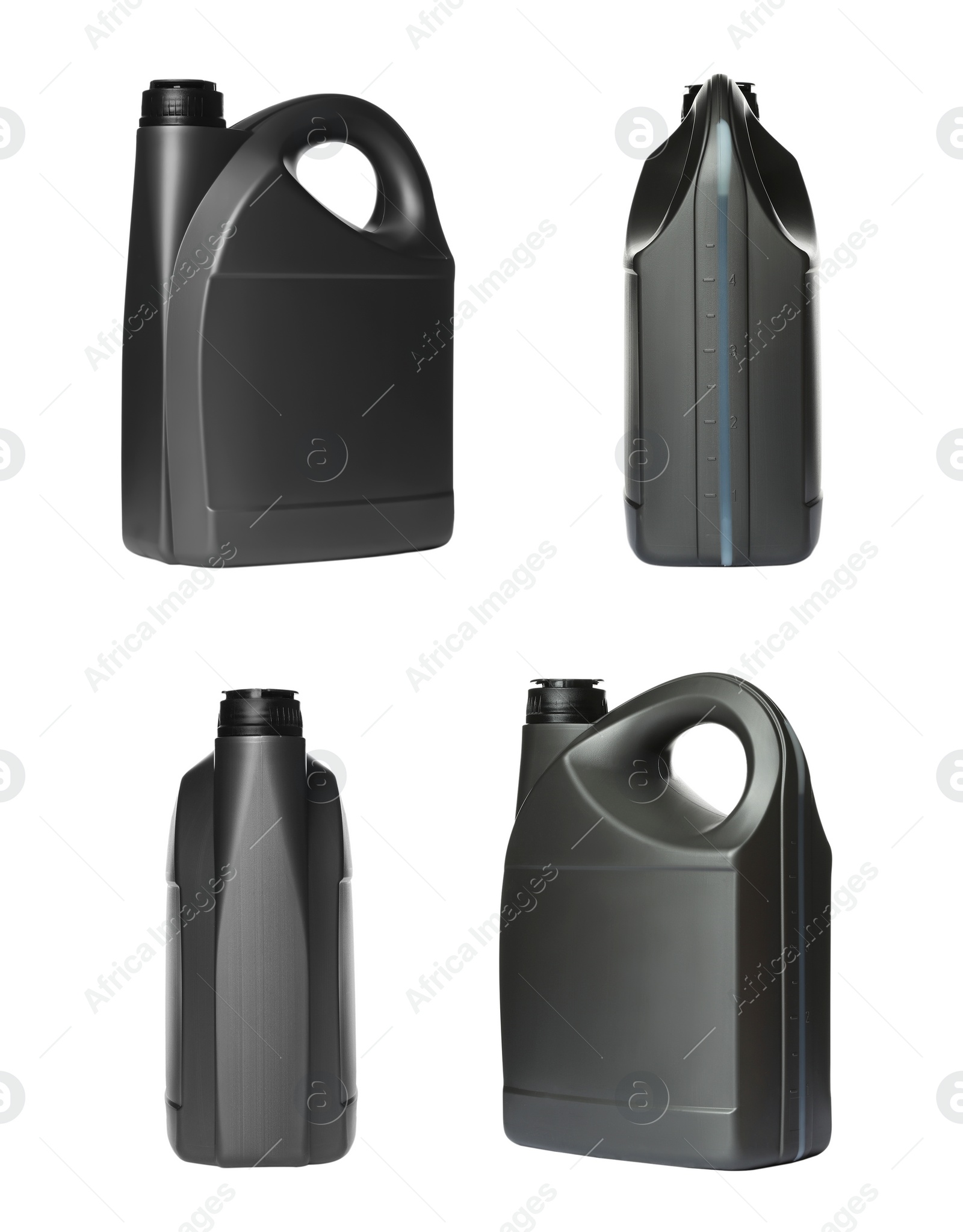 Image of Black container with motor oil on white background, different sides. Collage design