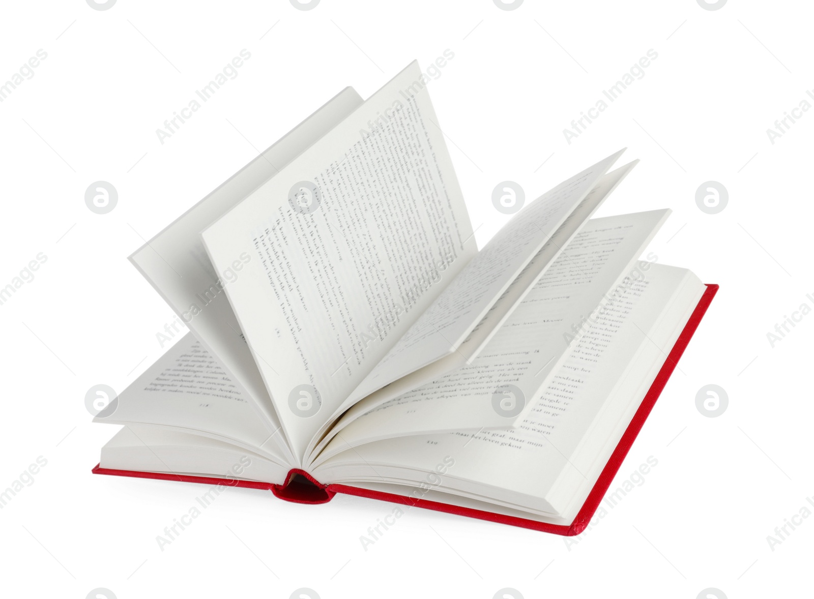 Photo of Open red hardcover book isolated on white